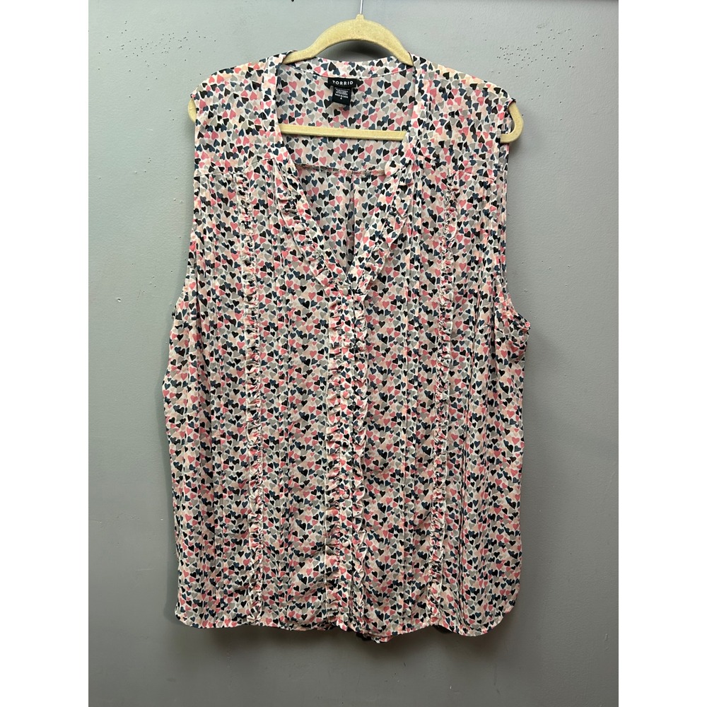 Torrid Blouse Womens 4 Multicolor Heart Print Ruffle Front Sleeveless V-Neck Top